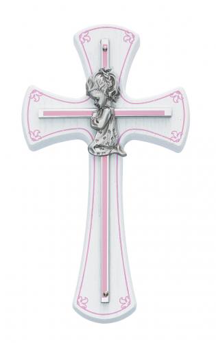 Cross Wall Baptism Girl Inch Silver Enameled Inlaid White