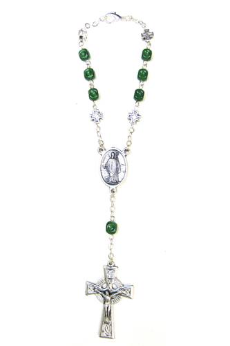 Auto Rosary St. Patrick Medal Oxidized Silver Green Marble Beads