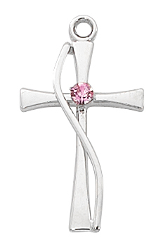 Cross Necklace With Pink Stone 3/4 inch Sterling Silver