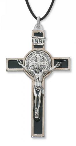 Crucifix Necklace St. Benedict 3 inch Silver Enameled Black