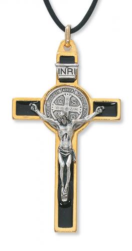 Crucifix Necklace St. Benedict 3 inch Gold Enameled Black