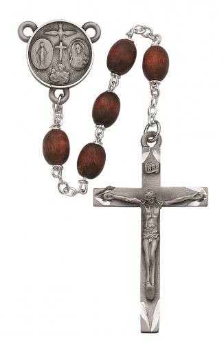 Rosary Four Way Medal Sterling Silver Brown Wood Beads