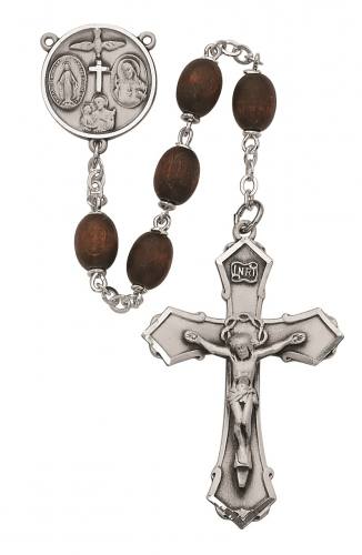 Rosary Four Way Medal Pewter Silver Brown Wood Beads