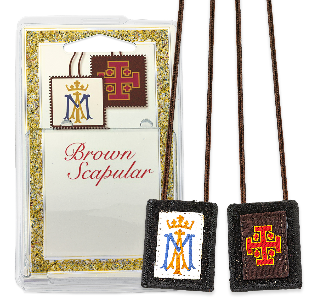 Scapular Brown Ave Maria and Jerusalem Cross Wool