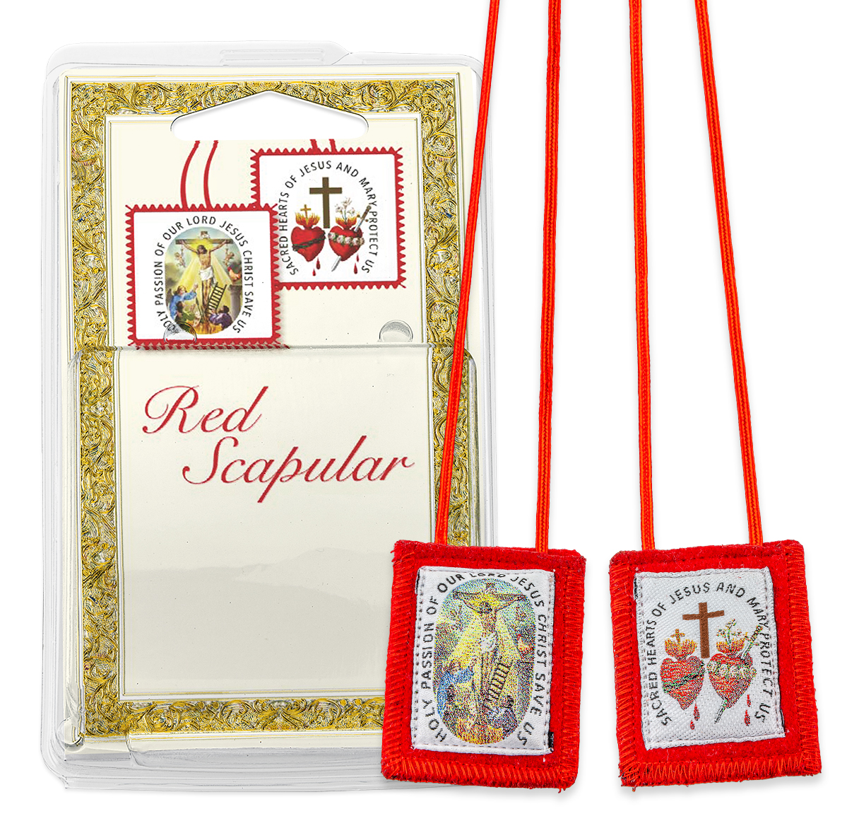 Scapular Red Crucifixion and Sacred Hearts Wool