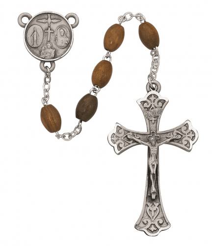 Rosary Four Way Medal Pewter Silver Olive Wood Beads