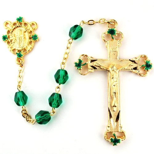 Rosary St. Patrick Shamrock Pewter Gold Green Crystal Beads