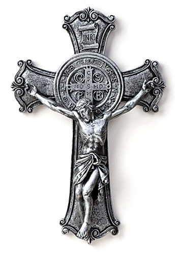 Crucifix Wall St. Benedict Medal 10.25 inch Resin Painted Silver