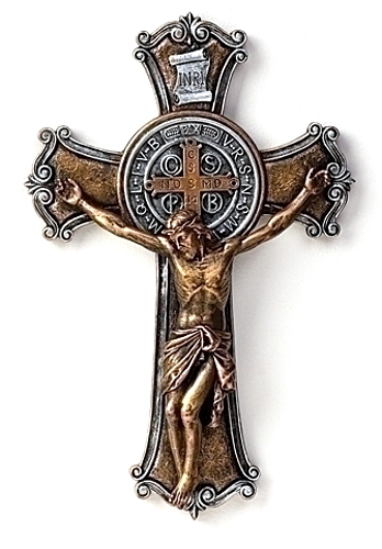 Crucifix Wall St. Benedict Medal 10.25 inch Resin Painted Bronze