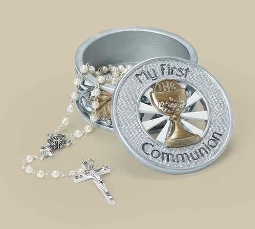 Rosary Box First Communion Silver & Gold Resin