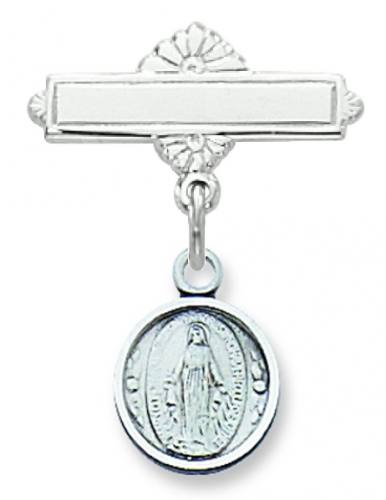 Miraculous Medal Pin Baptism Baby Round 1/2 inch Sterling Silver
