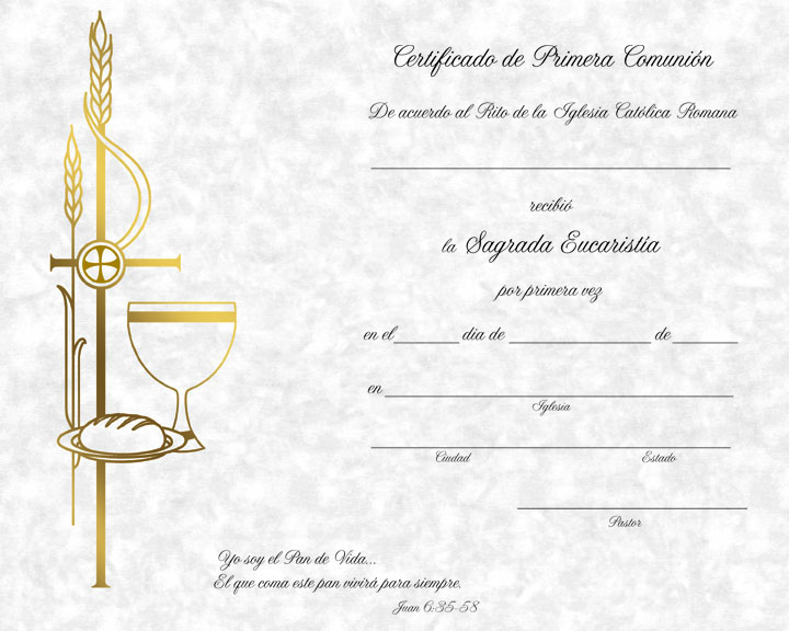 First Communion Certificate Parchment Spanish