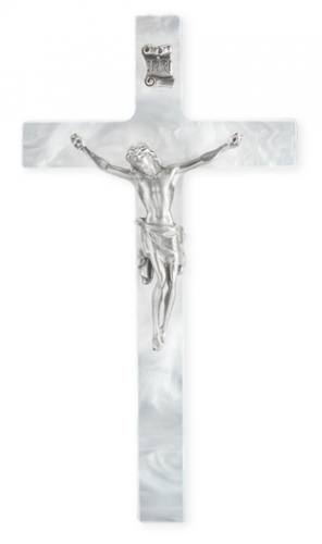 Crucifix Wall 7 inch Pearlized White Silver Corpus