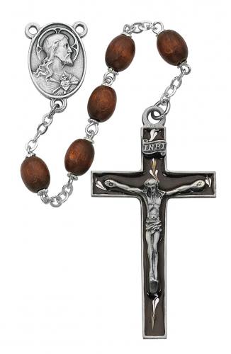 Rosary Sacred Heart Medal Pewter Silver Enameled Brown Wood Bead