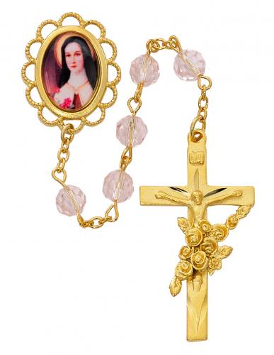 Rosary St. Therese Lisieux Pewter Gold Pink Crystal Beads