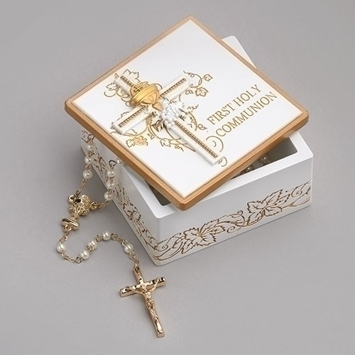 First Communion Rosary Box 1.75" White Cross