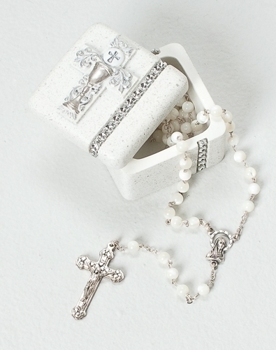 Rosary Box First Communion Silver Scrollwork Chalice Resin