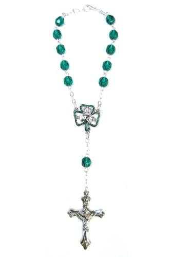 Auto Rosary Celtic Claddagh Oxidized Silver Green Crystal Beads