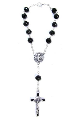 Auto Rosary St. Benedict Medal Oxidized Silver Black Beads
