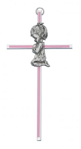 Cross Wall Baptism Girl 6 inch Silver Enameled Pink
