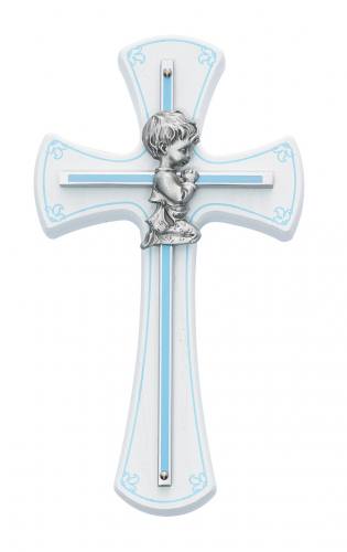 Cross Wall Baptism Boy 7 inch Silver Enameled Inlaid White