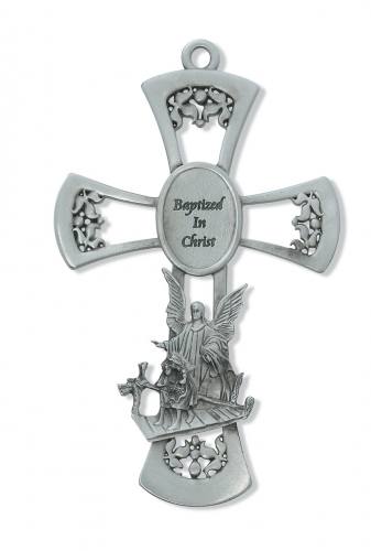 Cross Wall Baptism Guardian Angel 6 inch Pewter Silver