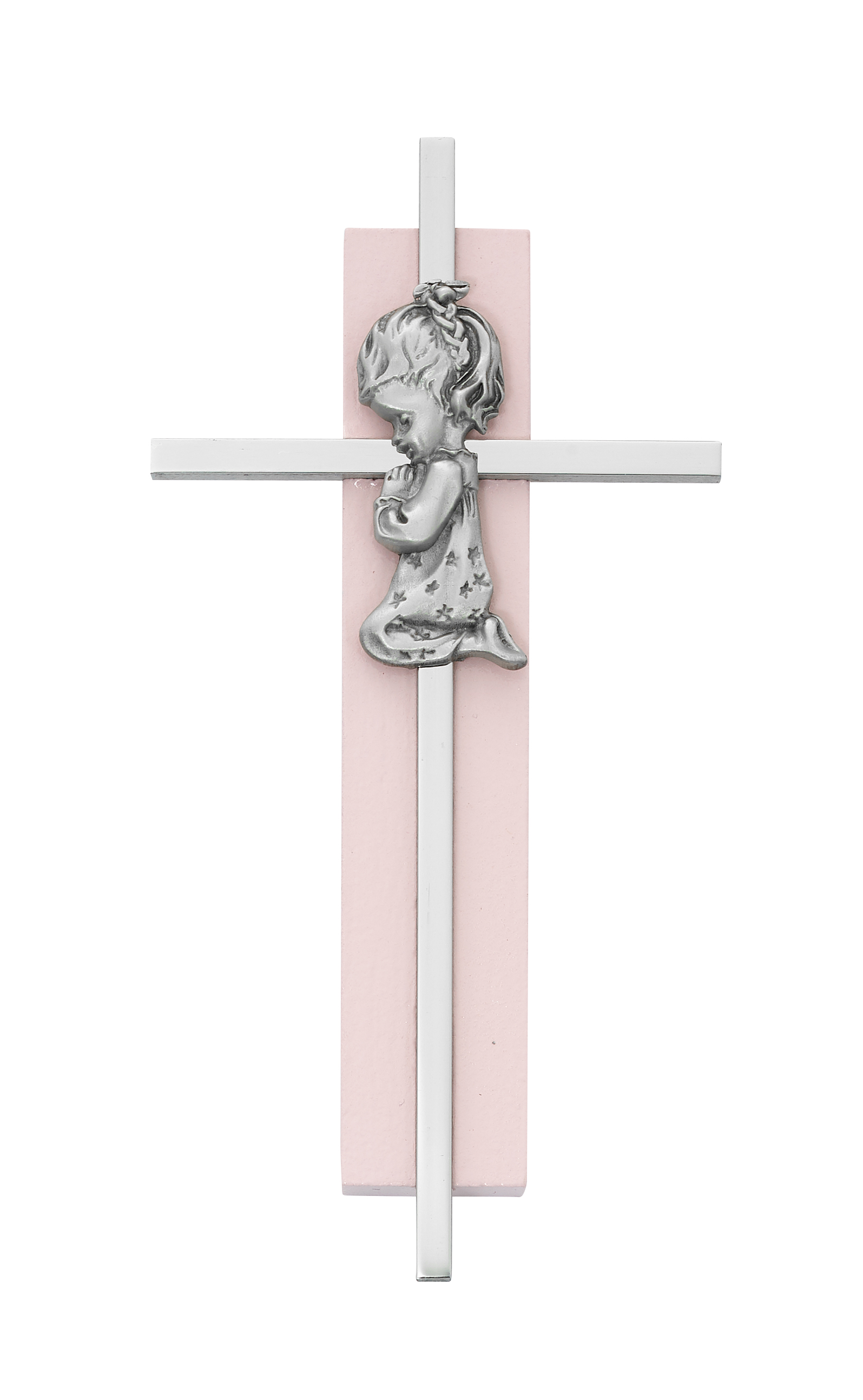 6in Pink Wood Praying Girl on Silver Cross