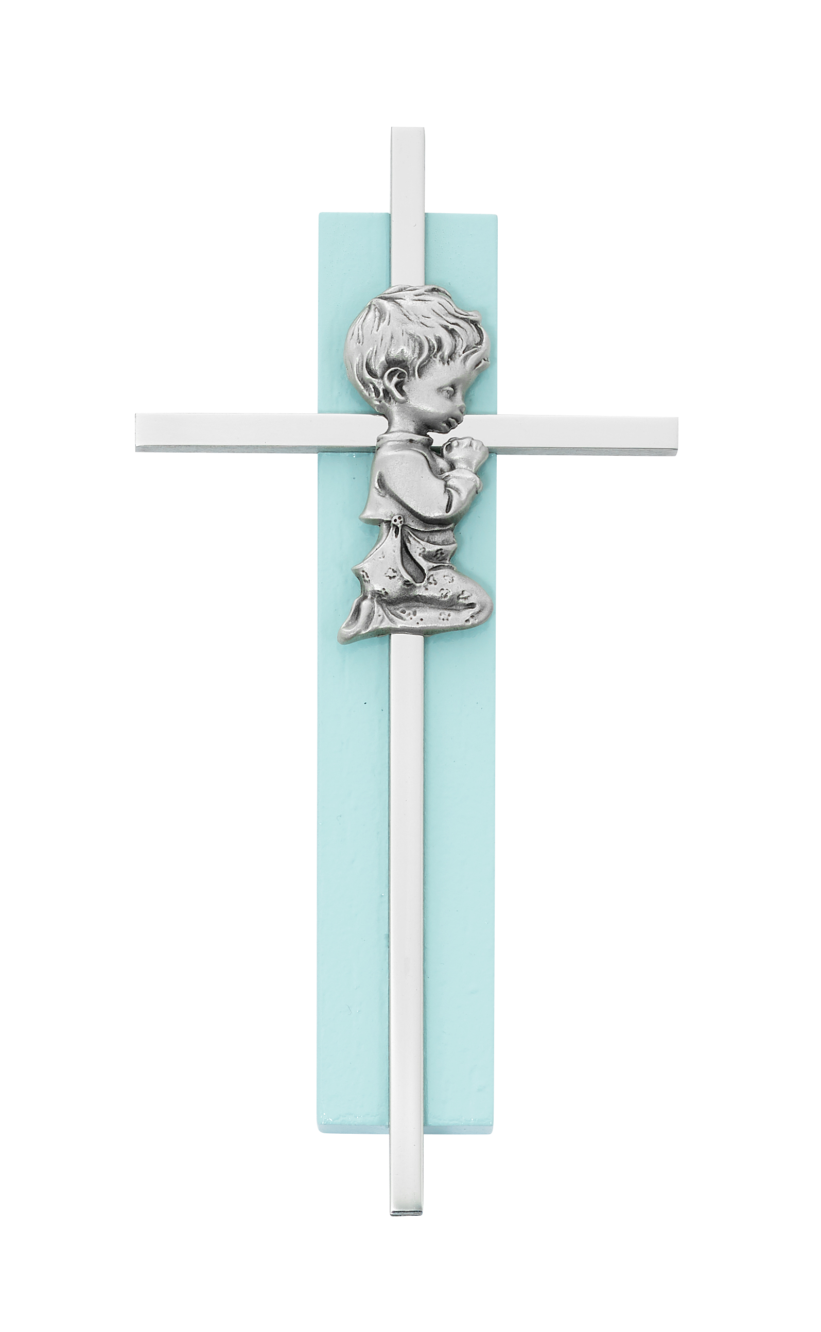 6in Blue Wood Praying Boy on Silver Cross
