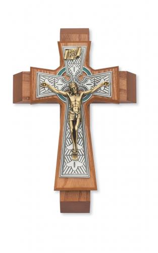 Crucifix Sick Call Celtic 11 inch Walnut Pewter Inlaid Brass