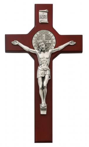 Crucifix Wall St. Benedict Medal 10.5 inch Cherry Silver Corpus