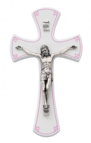 Crucifix Wall Flared 7 inch White Pink Filigree Silver Corpus