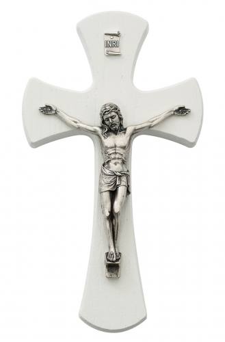 Crucifix Wall Flared 7 inch White Silver Corpus
