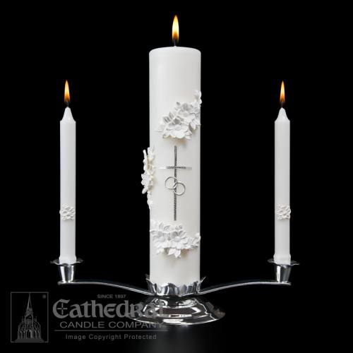 Wedding Candle Holy Matrimony Set Silver and White