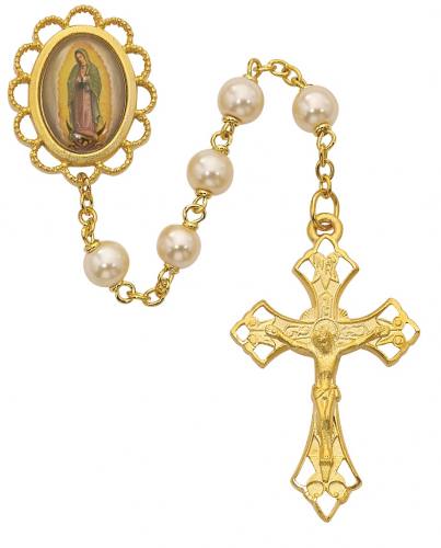 Rosary Mary Our Lady Guadalupe Pewter Gold White Pearl Beads