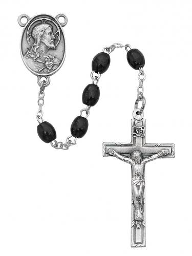 Rosary Sacred Heart Medal Pewter Silver Black Wood Beads