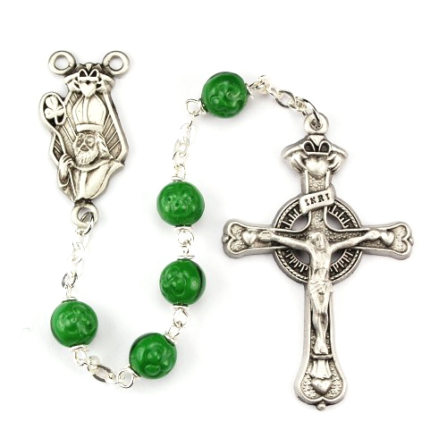 Rosary St. Patrick Claddagh Pewter Silver Green Shamrock Beads