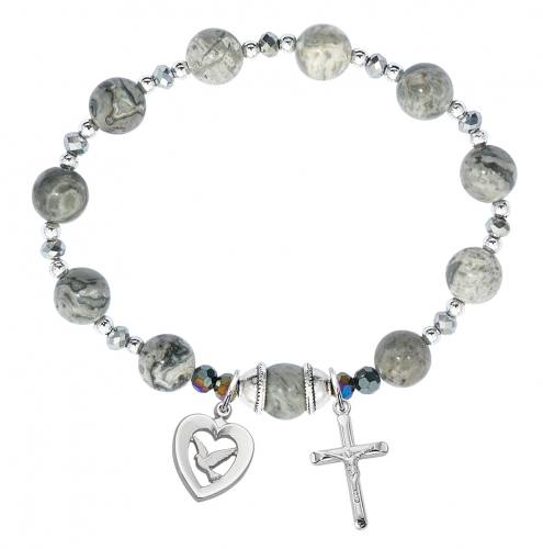 Grey Stone Rosary Stretch Bracelet with Holy Spirit