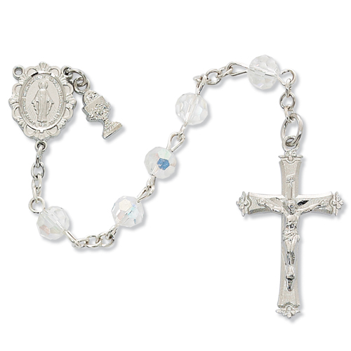 Rosary 1st Communion Miraculous Medal Pewt Silver Crystal Beads