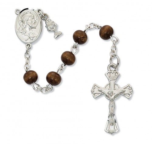 Rosary 1st Communion Sacred Heart Pewter Silver Brown Wood Beads