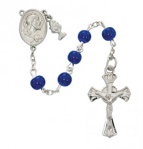 Rosary 1st Communion Sacred Heart Pewter Silver Blue Glass Beads