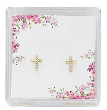First Communion Earrings Crystal Cross Gold