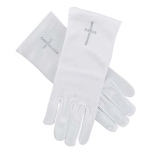 First Communion Satin Gloves W/Pearl Cross