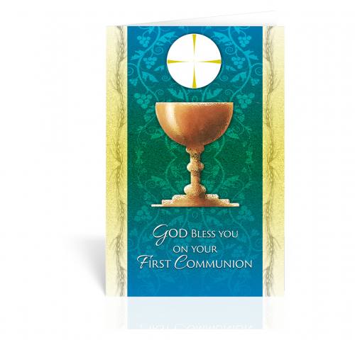 Greeting Card First Communion Chalice With Host Blue