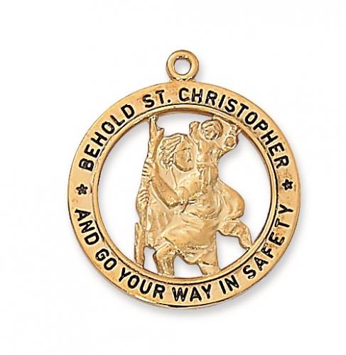 Saint Medal Necklace St. Christopher 1 inch Sterling Gold Cut