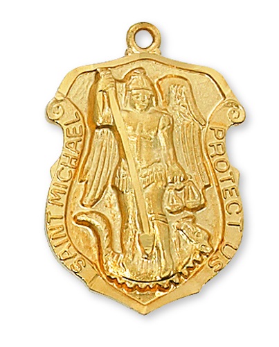 Shield Medal St. Michael Archangel Police 1.25 in Sterling Gold