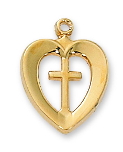 Cross Necklace Heart 1/2 inch Sterling Gold