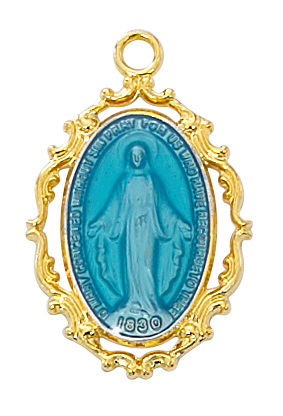 Miraculous Medal Necklace 1 inch Sterling Gold Enameled Blue