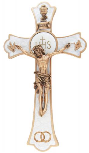 Crucifix Wall Holy Mass Wedding Rings 8 inch Pewter Enameled