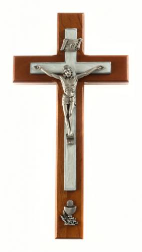 Crucifix Wall First Communion 10 inch Cherry White Inlay Silver