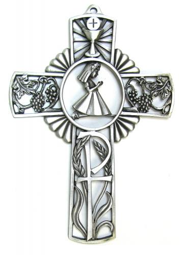 Cross Wall First Communion Girl 5 inch Pewter Silver